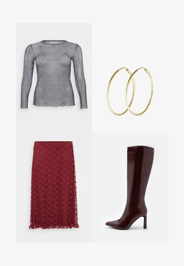 Permatomas pilkas ilgomis rankovėmis marškinėlis su leopardų raštu, išsiskiriantis apvalia iškirpte ir skalpuota apatine dalimi. Pagamintas iš lengvos, permatomos medžiagos.; Bordo nėriniuotas sijonas su gėlių raštu, pusiau permatoma medžiaga ir volanų apdaila. Elastingas juosmuo suteikia komfortą ir lankstumą.; Even&Odd Batai - dark red; Aukso auskarai žiedai su lygia, apvali forma ir blizgiu paviršiumi. Lengva konstrukcija su saugiu užsegimu.