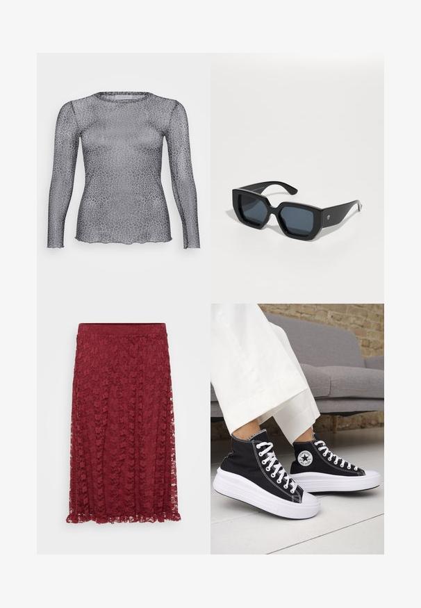 Genomskinlig grå långärmad topp med ett leopardmönster, med rund halsringning och vågig nederkant. Tillverkad av lätt, transparent material.; Burgundy spetsskjorta med blommönster, halvgenomskinligt tyg och en volangkant. En stretchmidja erbjuder komfort och flexibilitet.; Svarta höga sneakers med vita gummisulor och snören. Har en rund logotypmärke och kontrasterande vita sömmar. Tillverkade av canvasmaterial.; Svarta överdimensionerade solglasögon med geometrisk design, rektangulära linser och blank yta. Ingen synlig märkning på framsidan.; Guldörhängen i form av hoops med en slät, rundad design och en glansig yta. Lätt konstruktion med en säker kläppen.