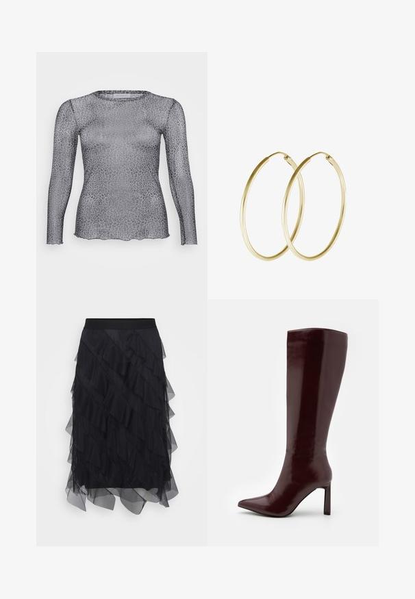 Priesvitný sivý top s dlhými rukávmi a vzorom leopardího potlače, s okrúhlym výstrihom a zvlneným lemom. Vyrobený z ľahkého, priesvitného materiálu.; Čierna tylová sukňa s vrstvenými volánmi, elastickým pásom a splývavým siluetom. Priesvitná textúra pridáva ľahkosť a pohyb.; Even&Odd Čižmy - dark red; Zlaté kruhové náušnice s hladkým, zaobleným dizajnom a lesklým povrchom. Ľahká konštrukcia s bezpečným zapínaním.