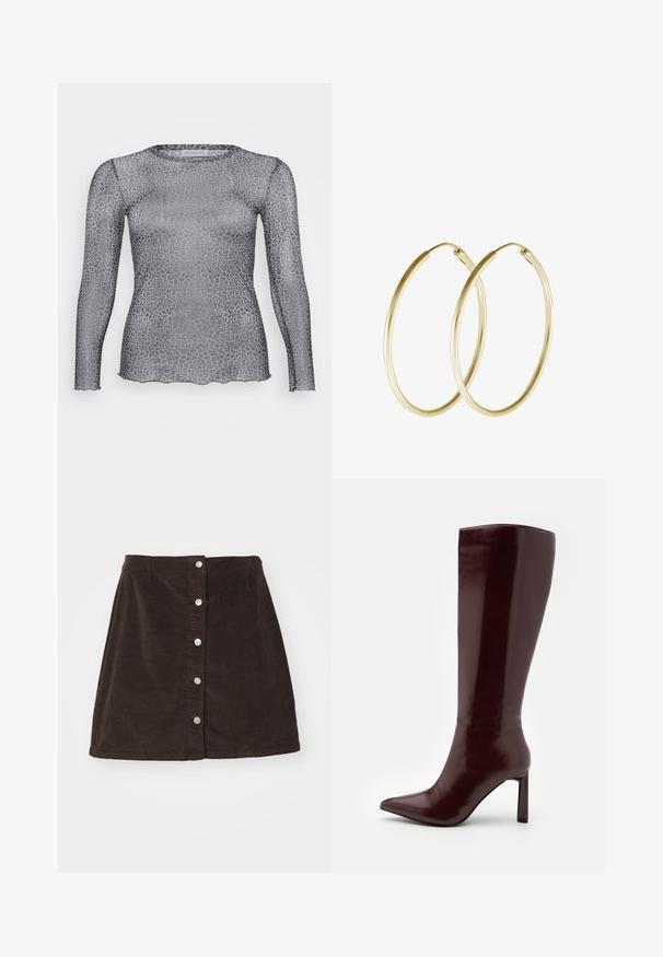 Haut en gris transparent à manches longues avec un motif léopard, présentant un col rond et un ourlet scallopé. Fabriqué en matériau léger et transparent.; Vero Moda Curve VMCETTA SKATER  - Jupe trapèze - chocolate torte; Even&Odd Bottes - dark red; Boucles d'oreilles en or en forme de cerceau, présentant un design lisse et rond avec une finition brillante. Construction légère avec un fermoir sécurisé.