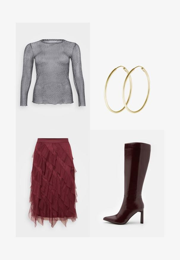 Prosojna siva dolga majica z dolgimi rokavi z vzorcem leoparda, ki ima okroglo izrezo in valovito obrobo. Narejena iz lahkega, prozornega materiala.; Burgundska krilna krila iz tila s prilagojeni pasom, ki vsebuje nabrane plasti, ki ustvarjajo teksturiran videz in gibanje.; Even&Odd Škornji - dark red; Zlate obročaste uhane z gladkim, zaobljenim dizajnom in sijočo končno obdelavo. Lahka konstrukcija z varnim zapiranjem.