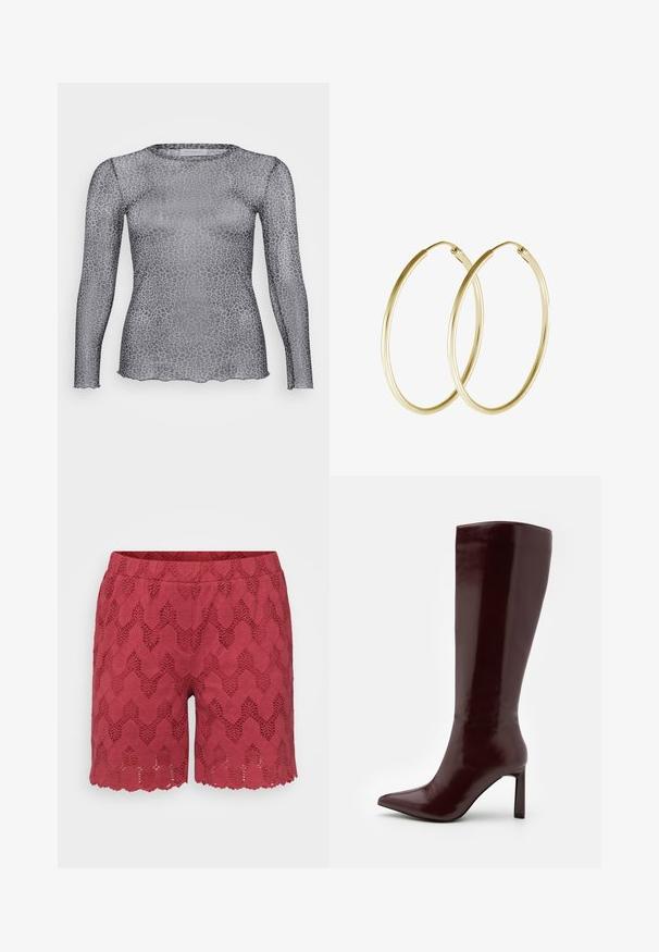 Prosojna siva dolga majica z dolgimi rokavi z vzorcem leoparda, ki ima okroglo izrezo in valovito obrobo. Narejena iz lahkega, prozornega materiala.; Rde hlače iz čipke z zigzag vzorcem, ki imajo lasten rob in elastični pas za udobje.; Even&Odd Škornji - dark red; Zlate obročaste uhane z gladkim, zaobljenim dizajnom in sijočo končno obdelavo. Lahka konstrukcija z varnim zapiranjem.
