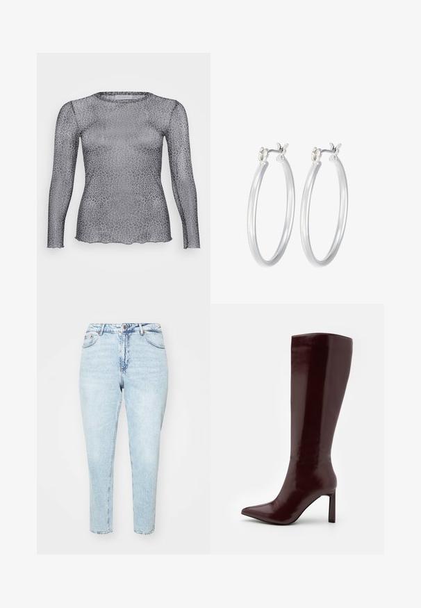 Caurspīdīga pelēka krekla ar garām piedurknēm un ziloņu rakstu, ar apaļu dekoltē un viļņotu apakšmalu. Izgatavots no viegla, caurspīdīga materiāla.; Gaiši zili džinsus ar augstu jostasvietu, sašaurinātiem salga un neapstrādātu apakšmalu. Iekļauj klasisku piecu kabatu dizainu un metāla pogas aizdares sistēmu.; Even&Odd Zābaki - dark red; Sudraba riņķveida auss gredzeni ar gludu, pulētu apdari. Apaļa forma un drošs klikšķa augšējais slēgums. Viegls dizains, kas piemērots ikdienas valkāšanai.