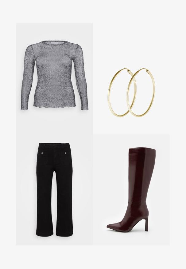 Permatomas pilkas ilgomis rankovėmis marškinėlis su leopardų raštu, išsiskiriantis apvalia iškirpte ir skalpuota apatine dalimi. Pagamintas iš lengvos, permatomos medžiagos.; Juodi džinsai tiesaus kirpimo, su penkiomis kišenėmis ir sidabro spalvos detalėmis. Lygus paviršius ir patvari medžiaga.; Even&Odd Batai - dark red; Aukso auskarai žiedai su lygia, apvali forma ir blizgiu paviršiumi. Lengva konstrukcija su saugiu užsegimu.