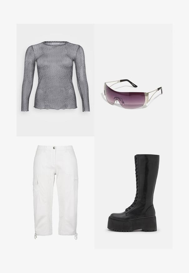 Przezroczysty, szary top z długim rękawem w wzór leopardzi, z okrągłym dekoltem i falbanką na dole. Wykonany z lekkiego, przejrzystego materiału.; Białe spodnie cargo o prostym kroju, wykonane z lekkiego materiału. Posiadają boczne kieszenie oraz regulowane mankiety ze sznurkiem.; Zign LEATHER - Kozaki sznurowane; Okulary przeciwsłoneczne z dużymi, zakrzywionymi, purpurowymi soczewkami, srebrnymi metalowymi akcentami i czarnymi zausznikami z logo. Widoczne są teksturowane detale na oprawie.; Czarna torebka z tkaniny o zaokrąglonym, miękkim kształcie, z marszczonym wzorem i regulowanym paskiem. Minimalistyczny styl bez widocznych elementów metalowych.
