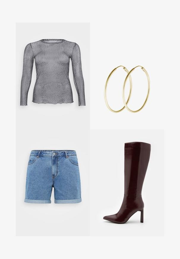 Prozračna siva majica s dugim rukavima s uzorkom tigra, s okruglim izrezom i valovitim rubom. Izrađena od laganog, prozirnog materijala.; Traperice kratke hlače u svijetlo plavoj boji, s prevrnutim rubom, dizajnom s pet džepova, kopčanjem na dugme i šivenim detaljima. Izrađene od pamučne tkanine.; Even&Odd Čizme - dark red; Zlatne kružne naušnice s glatkim, zaobljenim dizajnom i sjajnom završnom obradom. Lagana konstrukcija s sigurnim kopčanjem.