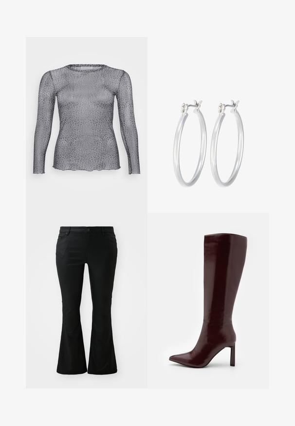 Caurspīdīga pelēka krekla ar garām piedurknēm un ziloņu rakstu, ar apaļu dekoltē un viļņotu apakšmalu. Izgatavots no viegla, caurspīdīga materiāla.; Melni platie bikses, izgatavotas no gludas auduma. Funkcijas priekšējie kabatas, pogu jostasvietā un pielāgota josta, kas paplašinās uz platām kājām.; Even&Odd Zābaki - dark red; Sudraba riņķveida auss gredzeni ar gludu, pulētu apdari. Apaļa forma un drošs klikšķa augšējais slēgums. Viegls dizains, kas piemērots ikdienas valkāšanai.