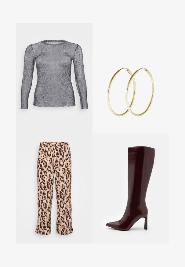Sheer gray long-sleeve top with a leopard print pattern, featuring a round neckline and scalloped hem. Made of lightweight, transparent material.; Leopard-print pants with an elastic waistband, featuring a blend of beige and brown hues. Fabric has a smooth texture; cropped leg design.; Even&Odd Boots - dark red; Gold hoop earrings featuring a smooth, rounded design with a shiny finish. Lightweight construction with a secure clasp closure.