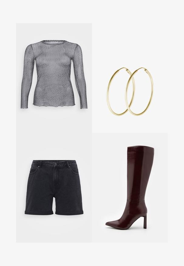 Prozračna siva majica s dugim rukavima s uzorkom tigra, s okruglim izrezom i valovitim rubom. Izrađena od laganog, prozirnog materijala.; Crne traper shortse s klasičnim dizajnom, s preklopljenim rubovima, petljama za remen i prednjim džepovima. Glatka tekstura s suptilnim detaljima šivanja.; Even&Odd Čizme - dark red; Zlatne kružne naušnice s glatkim, zaobljenim dizajnom i sjajnom završnom obradom. Lagana konstrukcija s sigurnim kopčanjem.