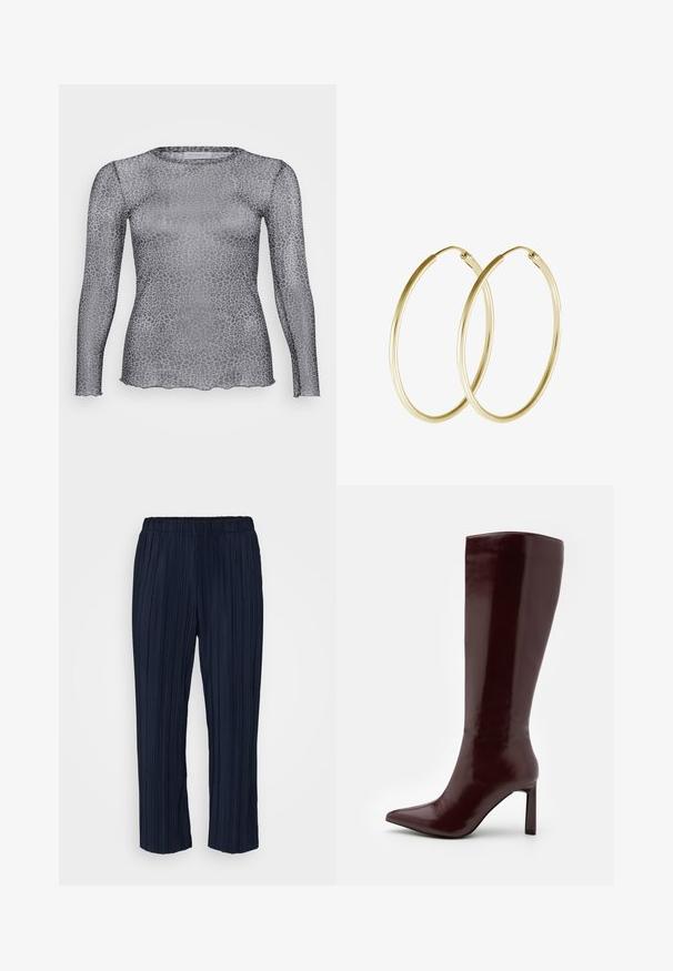 Caurspīdīga pelēka krekla ar garām piedurknēm un ziloņu rakstu, ar apaļu dekoltē un viļņotu apakšmalu. Izgatavots no viegla, caurspīdīga materiāla.; Jūras spēku plēsts bikses ar elastīgu jostu, ar vertikālām svītrām un brīvu piegriezumu, kas beidzas nedaudz virs potītēm.; Even&Odd Zābaki - dark red; Zelta auskari ar gludu, noapaļu dizainu un spīdīgu apdari. Viegls izpildījums ar drošu aizdari.