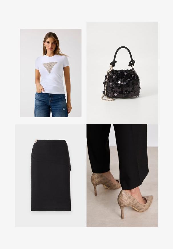 Bela prilegajoča majica s kratkimi rokavi, ki ima v bež barvi trikotno vzorčasto dekoracijo z zapletenimi detajli. Mehka tkanina.; Črna svinčnik krila z drapiranim sprednjim dizajnom, ki vsebuje dekorativni kovinski naglas na pasu. Narejeno iz raztegljivega materiala.; Bež čevlji na visokem petem z teksturirano tkanino, ki ima ponavljajoč vzorec. Oblika z ostrim nosom z zadaj poudarjenim delom in zlatim podplatom.; Črna mini torbica s palčkami iz bleščic, z vozlanim teksturiranim trakom in srebrnima verigama. Okrogla oblika z nabranim vrhom in odsevnimi detajli.