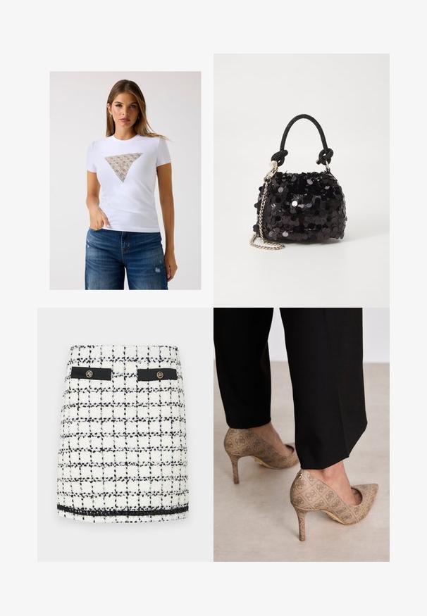 Maglietta bianca aderente con un accento a motivo triangolare in beige e dettagli intricati. Tessuto morbido e maniche corte.; Mini gonna in tweed bianco e nero, con motivo a griglia, dettagli neri, due tasche frontali e bottoni dorati.; Scarpe con tacco alto beige in tessuto testurizzato con un motivo ripetuto. Design con punta appuntita e dettaglio dorato sul tacco.; Mini borsa a tracolla nera in paillettes con una tracolla texturizzata annodata e catena argentata. Forma rotonda con parte superiore arricciata e dettagli riflettenti.