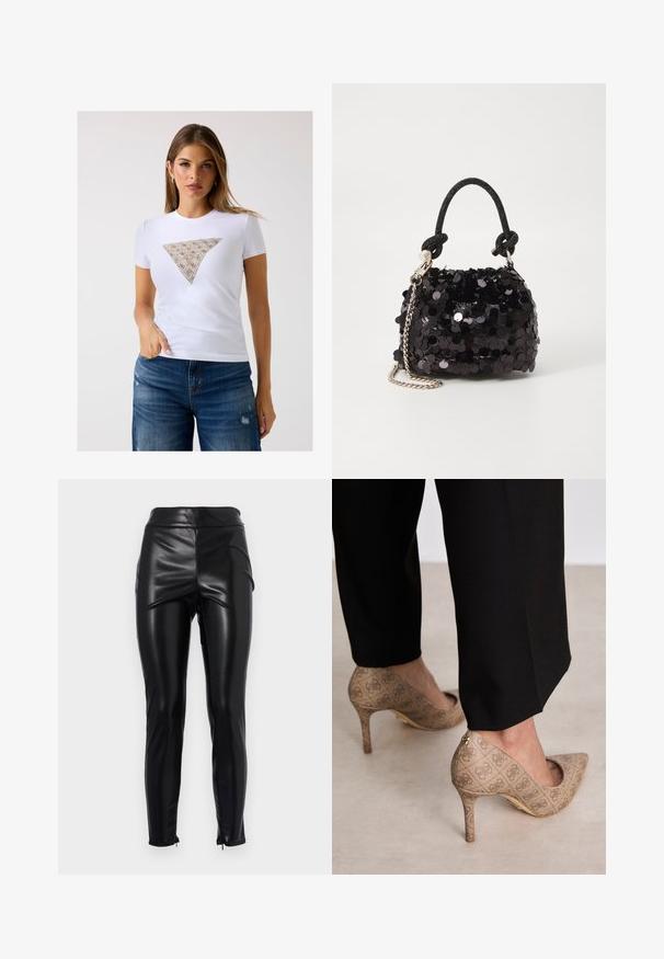 Valge sobiv T-särk, millel on beežist kolmnurkse mustriga aktsent, millel on keerukad detailid. Pehme kangas ja lühikesed varrukad.; Kõrge vöökohaga mustad kunstnaha leggingud, millel on sile ja läikiv tekstuur, külgõmblused ja pahkluulukkudega, et tagada sobiv siluett.; Beige kõrged kontsad, mis on valmistatud tekstureeritud kangast, millel on korduv muster. Terava nina disain tagakülje aktsendi ja kuldse kontsiga.; Must have mustrõngus mustal sädelev mini käekotil on sõlme tekstuuriga rihm ja hõbedane ketis. Ümar kuju, kokku kogutud ülaosa ja peegeldav detail.