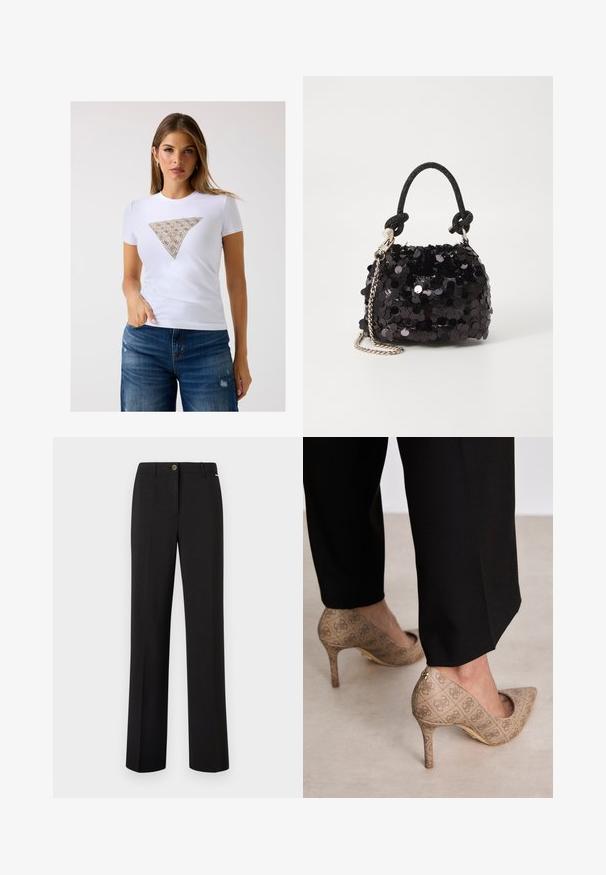White fitted t-shirt featuring a triangular patterned accent in beige with intricate details. Soft fabric and short sleeves.; Black tailored trousers with a straight leg, featuring a subtle texture, a front button closure, and a classic cut.; Beige high-heeled shoes with a textured fabric featuring a repeating pattern. Pointed toe design with a back accent and gold heel detail.; Black sequin mini handbag with a knotted textured strap and silver chain. Rounded shape with gathered top and reflective detailing.