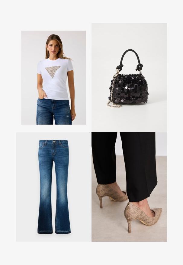Witte, nauwsluitende t-shirt met een driehoekig patroon in beige met fijne details. Zachte stof en korte mouwen.; Blauwe spijkerbroek met een lichte flare, knoop aan de voorkant en zakken, met vervaagde gebieden op de dijen en knieën.; Beige hoge hakken met een gestructureerde stof met een herhalend patroon. Puntige neusontwerp met een achteraccent en gouden hakdetail.; Zwarte pailletten mini handtas met een geknoopte textuurriem en zilveren ketting. Rondvormig met een geplooide bovenkant en reflecterende details.