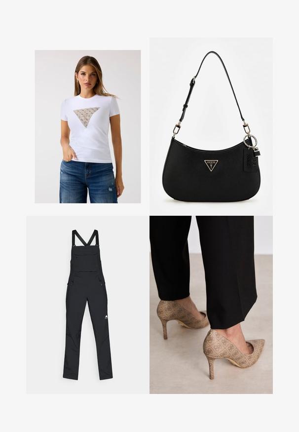 Witte, nauwsluitende t-shirt met een driehoekig patroon in beige met fijne details. Zachte stof en korte mouwen.; Zwarte overall van duurzaam materiaal, met verstelbare schouderbanden, een borstzak en zijritsen voor gemakkelijk aan- en uittrekken. Minimalistisch design met logo.; Beige hoge hakken met een gestructureerde stof met een herhalend patroon. Puntige neusontwerp met een achteraccent en gouden hakdetail.; Zwarte synthetische schoudertas met een gebogen silhouet, textuurafwerking, gouden driehoeklogo en afneembare hardwareaccenten.