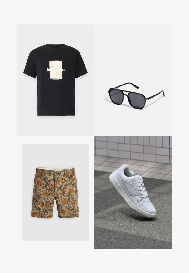 Czarny bawełniany t-shirt z okrągłym dekoltem. Posiada beżowy prostokątny grafik oraz biały tekst "JAWO," umieszczony na środku z przodu. Krótkie rękawy.; Szorty w wzory z niebieskim tłem i kwiatowymi wzorami w odcieniach brązu, pomarańczy i kremu. Wykonane z bawełny, z zapięciem na guzik.; Białe skórzane trampki z perforowanymi bokami, teksturowanymi akcentami, płaskimi sznurowadłami i kontrastującym szarym obcasem. Posiadają lekko podniesioną podeszwę.; Czarne okulary przeciwsłoneczne z ośmiokątną oprawką, ciemnymi soczewkami, błyszczącym wykończeniem, cienkimi zausznikami i złotymi akcentami na przodzie.