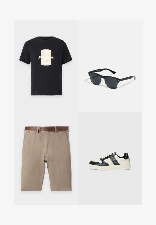 Čierne bavlnené tričko s okrúhlym výstrihom. Na prednej strane sa nachádza béžová obdĺžniková grafika s bielym textom "JAWO," ktorý je umiestnený na stred. Krátke rukávy.; Béžové bavlnené šortky so strihaním rovného strihu, vybavené hnedým koženým opaskom a bočnými vreckami, hladká textúra s precízne dokončenými okrajmi.; Kožené tenisky v čierno-krémovej farbe, s perforovanými akcentmi, polstrovaným golierom a štruktúrovanou podrážkou.; Čierne slnečné okuliare s obdĺžnikovým tvarom, tmavými sklami, striebornými akcentmi na bočných okrajoch a matným povrchom rámu.