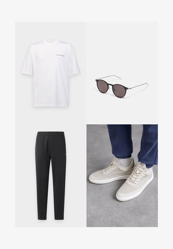 Weißes kurzärmliges T-Shirt aus Baumwolle mit V-Ausschnitt, mit einem schwarzen "FILLING PIECES" Logo, das auf der linken Seite gedruckt ist.; Schwarze Jogginghosen aus weichem Stoff, mit einem elastischen Bund, geraden Beinen und einem kleinen Logodetail an der Seite.; Beiger Sneaker aus strukturiertem Material, runde Zehenform, mit Schnürsenkeln und minimalistischem Design. Weiße Sohle mit hellbraunen Akzenten. Trägt man zu navy Jogginghosen.; Schwarze runde Sonnenbrille mit dunklen Gläsern und schlanken Metallbügeln. Enthält klare Tempelspitzen und silberne Akzente am Scharnier. Minimalistisches Design.