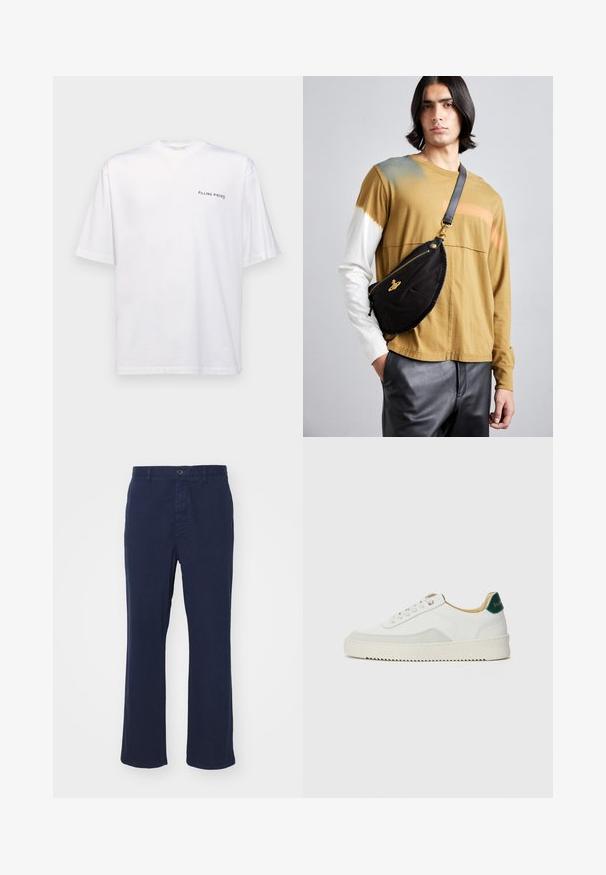 Baltas trumpas rankovės marškinėliai iš medvilnės su v-kaklu, su juodu "FILLING PIECES" logotipu, spausdintu kairėje pusėje.; Tamsiai mėlynos medvilnės kelnės su tiesiomis kojomis, su priekiniais sagčių užsegimais ir šoninėmis kišenėmis. Lygus paviršius su minimaliais ornamentais.; Baltos sportbačiai su zomšos akcentais, apvaliu nosiu, plokščiais raišteliais ir kreminės spalvos guminiu padu. Ant kulno yra žalia ženklinimo detalė.; Vivienne Westwood CITY BUMBAG UNISEX - Diržinis krepšelis - black