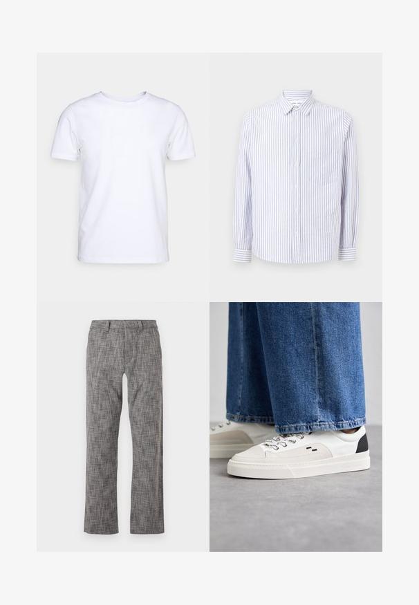 Camiseta blanca de manga corta en tejido de algodón con cuello redondo. Diseño simple sin patrones ni acentos. Textura suave.; Camisa de botones a rayas en azul claro y blanco. Con cuello de punta, mangas largas y un bolsillo en el pecho. Tejido de algodón.; Pantalones grises con un diseño de pierna recta. Hechos de una tela texturizada, con un cierre frontal y bolsillos laterales.; Zapatillas blancas y negras con una parte superior de cuero suave, acentos texturizados y una suela blanca gruesa. Presenta un diseño clásico de cordones.