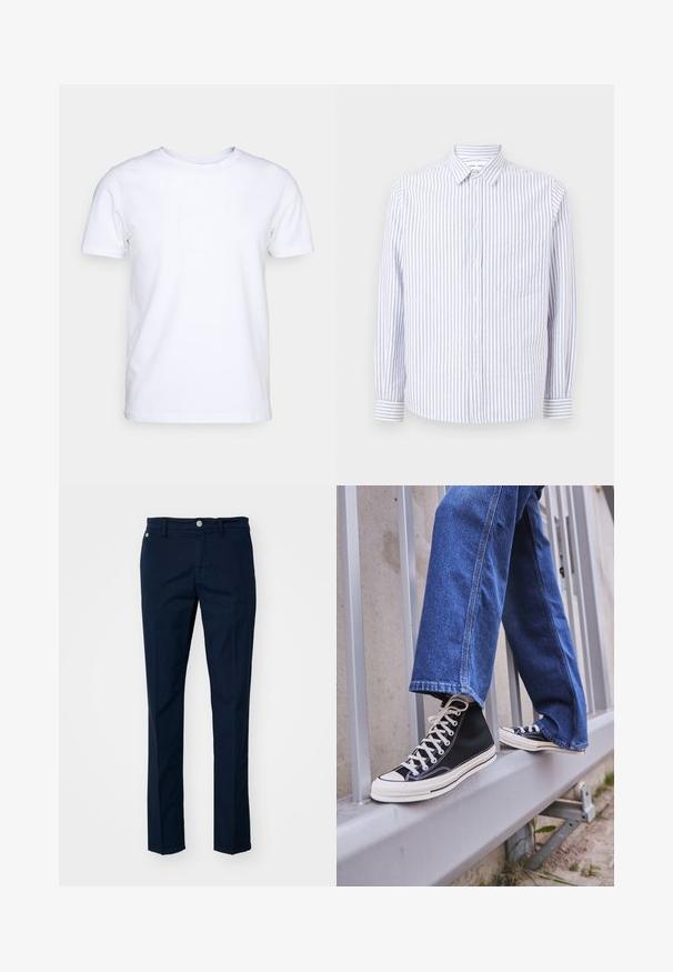 Bijela majica kratkih rukava od pamučnog materijala s okruglim izrezom. Jednostavan dizajn bez uzoraka ili naglasaka. Glatka tekstura.; Prugasta košulja sa dugim rukavima u svijetloplavoj i bijeloj boji. Ima oštar ovratnik, dugačke rukave i jednu džep na prsima. Pamuk.; Pamučne hlače tamnoplave boje, s ravnim krojem, prednjim džepovima i kontrastnim gumbom. Glatka tekstura, minimalni detalji.; Crne visoke tenisice s bijelim potplatom i vezicama, u kombinaciji s širokim plavim trapericama, naslonjene na sivi ogradu.