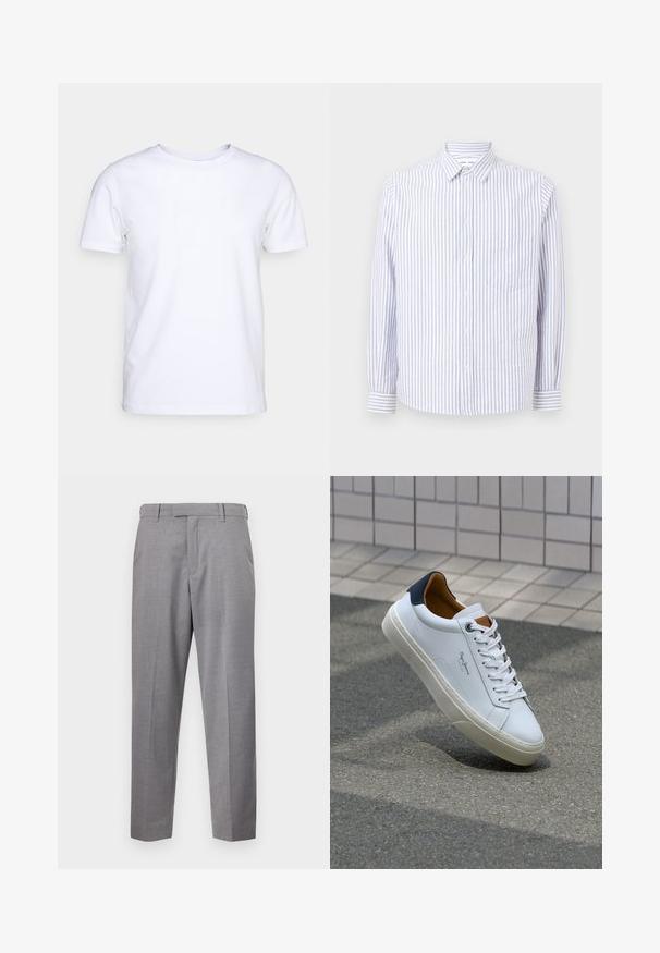 Bela majica s kratkimi rokavi iz bombaža z okroglim izrezom. Preprost dizajn brez vzorcev ali poudarkov. Gladka tekstura.; Prugasta srajca z gumbi v svetlo modri in beli barvi. Ima špičast ovratnik, dolge rokave in en sam žep na prsih. Iz bombažnega blaga.; Sive hlače iz teksturiranega blaga, s straight leg dizajnom, sprednjimi pregibi in standardnim pasom z zankami za pas.; Beli usnjeni čevelj s plavo peto, okrogelimi prsti in kontrastnimi rjavimi detajli. Ima ravne vezalke in teksturiran gumijast podplat.