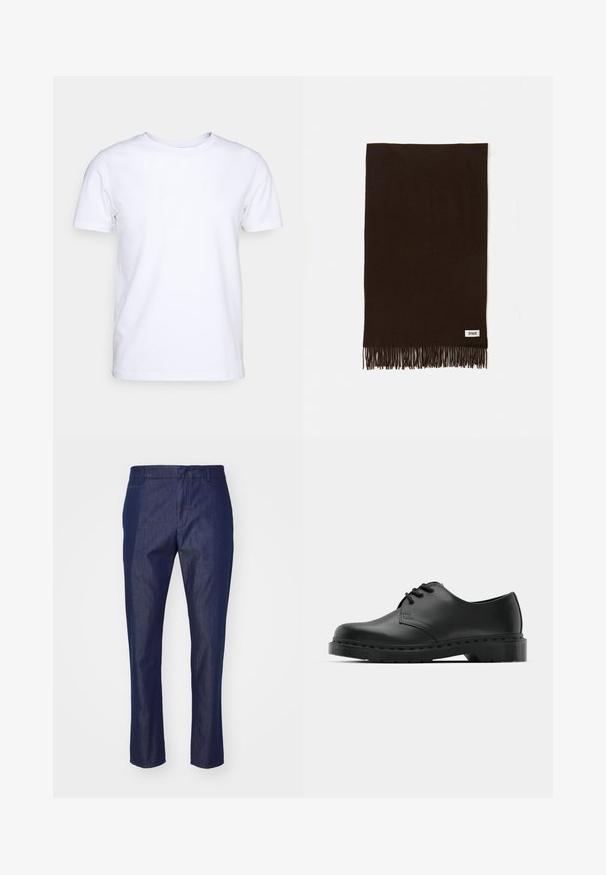 Balta trumpomis rankovėmis marškinėliai, pagaminti iš medvilnės audinio, su apvaliu kaklu. Paprastas dizainas be raštų ar akcentų. Lygi tekstūra.; Tamsiai mėlyni džinsai su tiesia kojų forma, su užtrauktuku ir diržo kilpomis, pasižymintys lygia tekstūra ir minimaliu siuvimo detaliu.; Juodos odinės oksfordo bateliai su raištelių užsegimu, apvaliu pirštu, plokščiu guminiu padu ir subtiliu siuvimo akcentu viršuje.; Ruda audinio šalikas su pakraščiais, pagamintas iš minkštos medžiagos. Apačioje yra mažas baltas etiketas su juodu tekstu.