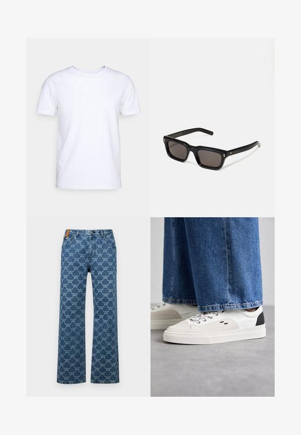 Balts īsām piedurknēm T-krekls no kokvilnas auduma ar apaļu kakla izgriezumu. Vienkāršs dizains bez rakstiem vai akcentiem. Gluda tekstūra.; MCM DENIM - Brīva piegriezuma džinsi - indigo; Balti un melni apavi ar gludu ādas virsu, teksturētiem akcentiem un masīvu baltu zoli. Iespējojot klasisku šņorējamu dizainu.; Melnas taisnstūra formas saulesbrilles ar tumšiem stikliem, bieza plastmasas rāmja, zelta akcenti pie tempļiem un zīmola logo iegravēts roku daļā.
