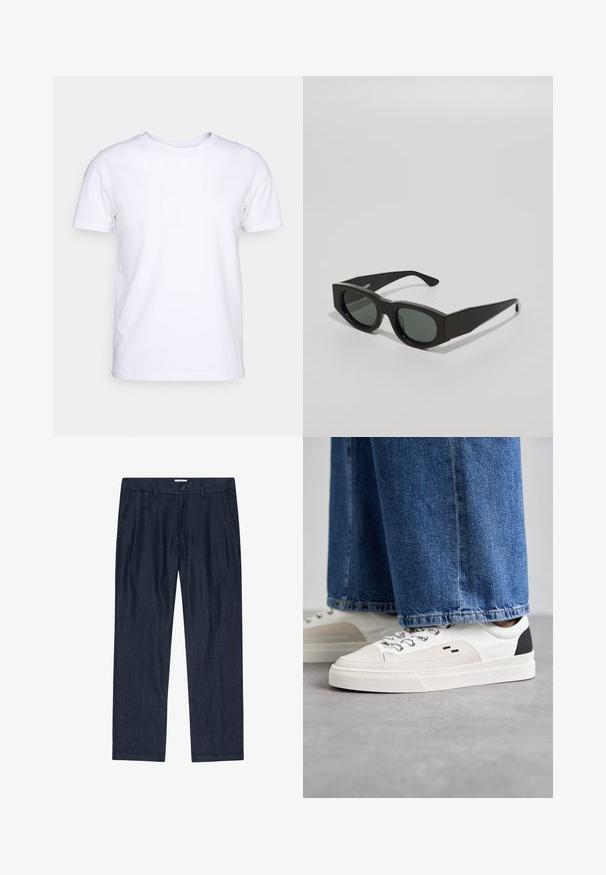 Biała koszulka z krótkim rękawem wykonana z bawełnianego materiału, z okrągłym dekoltem. Prosty fason bez wzorów lub akcentów. Gładka tekstura.; Ciemnoniebieskie, luźne spodnie wykonane z fakturowanej tkaniny, z zapięciem na guzik i bocznymi kieszeniami; prosty krój nogawki z miękkim wykończeniem.; Białe i czarne sneakersy z gładką skórzaną cholewką, teksturowanymi akcentami oraz masywną białą podeszwą. Posiadają klasyczny system sznurowania.; Czarne prostokątne okulary przeciwsłoneczne z zielonymi szkłami, grubymi oprawkami i płaskimi zausznikami o gładkiej plastikowej fakturze.