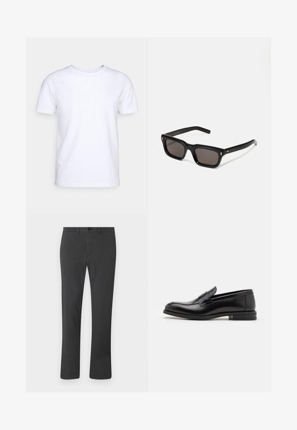 Hvid kortærmet t-shirt i bomuldsstof med rund halsudskæring. Enkel design uden mønstre eller detaljer. Glat tekstur.; Sorte bukser lavet af glat stof, med lige ben-design, lynlås, knaplukning og bæltestropper. Enkel og funktionel stil.; Sorte læderloafers med en glat overflade, rund tå og en dekorativ strop over vampen. Lav hæl med stabeldesign, minimalistisk stil.; Sorte rektangulære solbriller med mørke glas, tyk plastisk ramme, guldtryk på stængerne og brandlogo indgraveret på armen.