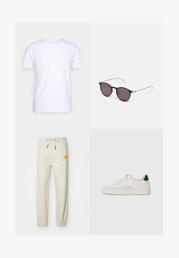 Camiseta blanca de manga corta en tejido de algodón con cuello redondo. Diseño simple sin patrones ni acentos. Textura suave.; Iceberg PANTALONE - Pantalones deportivos - polvere; Zapatilla blanca con acentos de ante, puntera redondeada, cordones planos y suela de goma color crema. Presenta un logo verde en el talón.; Gafas de sol redondas negras con lentes oscuros y brazos metálicos delgados. Incluye puntas de varilla transparentes y acentos plateados en la bisagra. Diseño minimalista.
