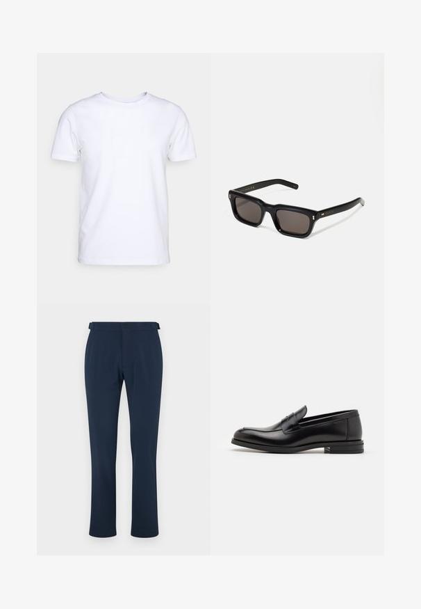 Hvid kortærmet t-shirt i bomuldsstof med rund halsudskæring. Enkel design uden mønstre eller detaljer. Glat tekstur.; Mørkeblå bukser lavet af glat stof, med lige ben design, bæltestropper og en enkelt knaplukning. Minimalistisk stil uden mønstre.; Sorte læderloafers med en glat overflade, rund tå og en dekorativ strop over vampen. Lav hæl med stabeldesign, minimalistisk stil.; Sorte rektangulære solbriller med mørke glas, tyk plastisk ramme, guldtryk på stængerne og brandlogo indgraveret på armen.