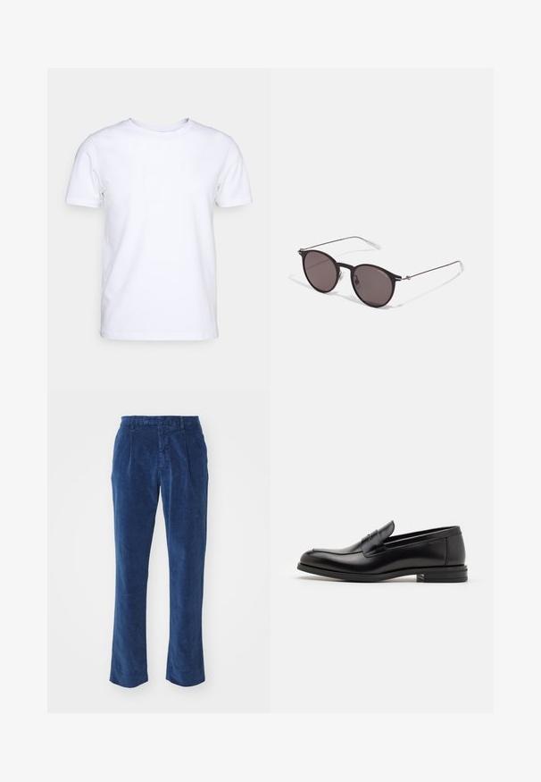 Camiseta blanca de manga corta en tejido de algodón con cuello redondo. Diseño simple sin patrones ni acentos. Textura suave.; Pantalones de pana azul con un diseño de pierna recta, que presentan pliegues frontales y una superficie texturizada. Sin hardware o acentos visibles.; Mocasines de cuero negro con una textura suave, puntera redondeada y una tira decorativa en el empeine. Tacón bajo apilado, diseño minimalista.; Gafas de sol redondas negras con lentes oscuros y brazos metálicos delgados. Incluye puntas de varilla transparentes y acentos plateados en la bisagra. Diseño minimalista.