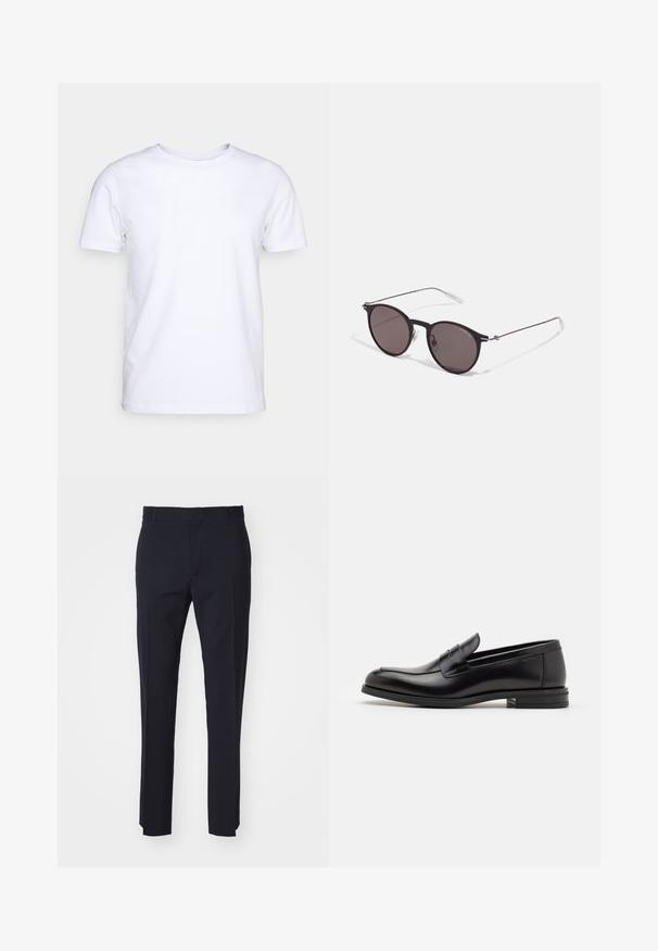 Balta trumpomis rankovėmis marškinėliai, pagaminti iš medvilnės audinio, su apvaliu kaklu. Paprastas dizainas be raštų ar akcentų. Lygi tekstūra.; Jūrinės pritaikytos kelnės iš audinio, su lygiu priekiu, diržo kilpomis ir tiesiomis kojomis. Be matomų raštų ar detalių.; Juodos odinės loafers, turinčios lygų paviršių, apvalią noselę ir dekoratyvinę juostą per priekinę dalį. Žemas krentantis kulnas, minimalistinis dizainas.; Juodos apvalios saulės akinių su tamsiais lęšiais ir plonomis metalinėmis šakomis. Įtraukti skaidrūs šventyklų galai ir sidabriniai akcentai vyrio srityje. Minimalistinis dizainas.