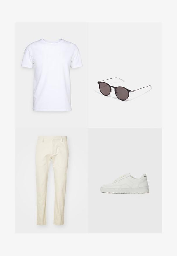 Balta trumpomis rankovėmis marškinėliai, pagaminti iš medvilnės audinio, su apvaliu kaklu. Paprastas dizainas be raštų ar akcentų. Lygi tekstūra.; Bežiniai medvilniniai kelnes su tiesiomis kojomis, priekiniais užtrauktukais ir lygiais kišenėmis. Tekstūruota medžiaga su lygiu paviršiumi.; Balti odiniai sportiniai bateliai su lygia apdaila, apvaliu pirštu, plokščiais raišteliais ir tekstūruotu padu. Pasižymi subtiliu logotipu ant kulno.; Juodos apvalios saulės akinių su tamsiais lęšiais ir plonomis metalinėmis šakomis. Įtraukti skaidrūs šventyklų galai ir sidabriniai akcentai vyrio srityje. Minimalistinis dizainas.