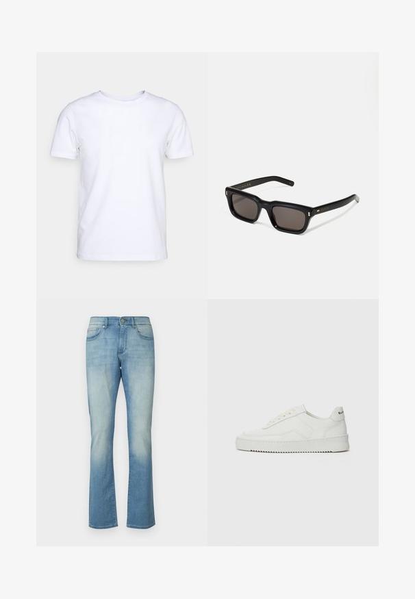 Bijela majica kratkih rukava od pamučnog materijala s okruglim izrezom. Jednostavan dizajn bez uzoraka ili naglasaka. Glatka tekstura.; Svijetloplave traperice s raširenim donjim dijelom, s pet džepova, kopčanjem na gumbe i suptilnim izbledom duž bedara i koljena.; Bijele kožne tenisice s glatkom površinom, okruglim vrhom, ravnim vezicama i teksturiranom potplatom. Imaju suptilan logo na peti.; Crne pravokutne sunčane naočale s tamnim lećama, debelim plastičnim okvirom, zlatnim akcentima na sljepoočnicama i logotipom marke ugraviranim na dršku.