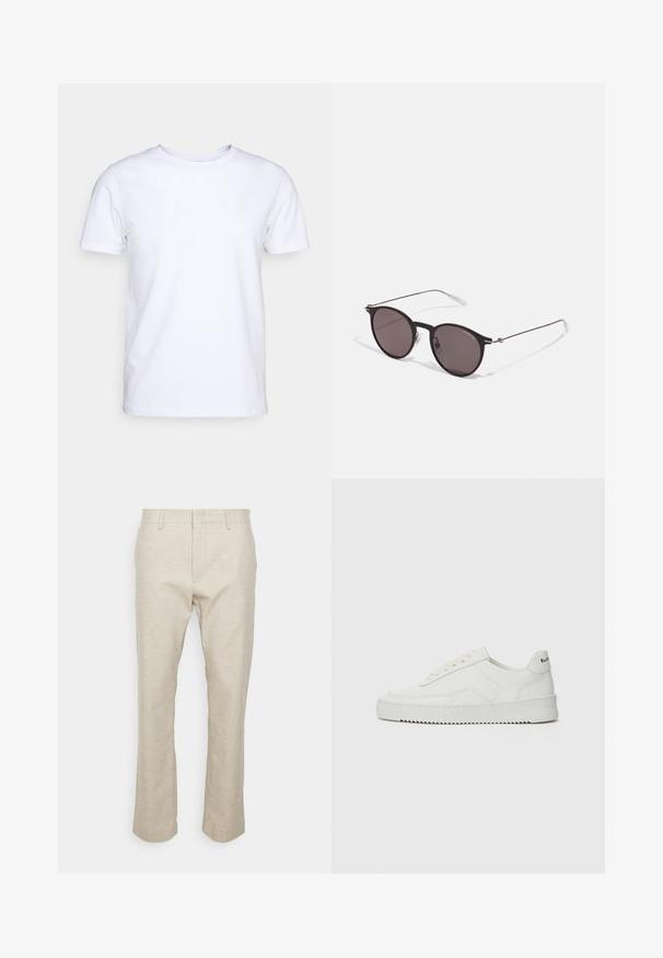 Witte katoenen t-shirt met korte mouwen en een ronde hals. Eenvoudig ontwerp zonder patronen of accenten. Glad textuur.; Beige linnen broeken met rechte pijpen, voorzakken en een gladde textuur. Minimalistisch ontwerp; geen zichtbare patronen of bevestigingsmiddelen.; Witte leren sneaker met een gladde afwerking, ronde neus, platte veters en een gestructureerde zool. Kenmerkt zich door een subtiel logo op de hiel.; Zwarte ronde zonnebril met donkere lenzen en slanke metalen armen. Inclusief heldere tempelpunten en zilveren accenten bij de scharnier. Minimalistisch ontwerp.