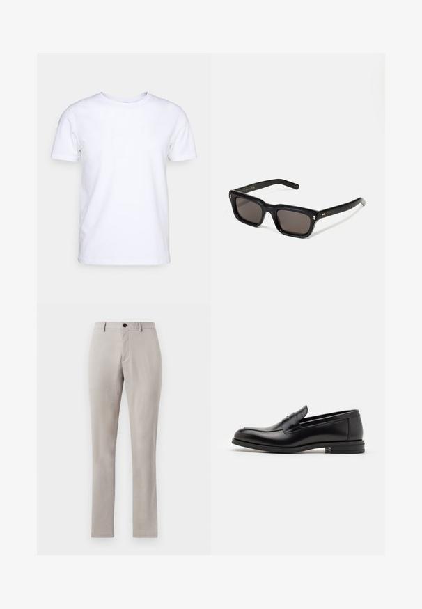 Hvid kortærmet t-shirt i bomuldsstof med rund halsudskæring. Enkel design uden mønstre eller detaljer. Glat tekstur.; Lys grå, skræddersyede bukser med en glat tekstur, der har en knaplukning og lige ben. Ingen synlige lommer eller mønstre.; Sorte læderloafers med en glat overflade, rund tå og en dekorativ strop over vampen. Lav hæl med stabeldesign, minimalistisk stil.; Sorte rektangulære solbriller med mørke glas, tyk plastisk ramme, guldtryk på stængerne og brandlogo indgraveret på armen.