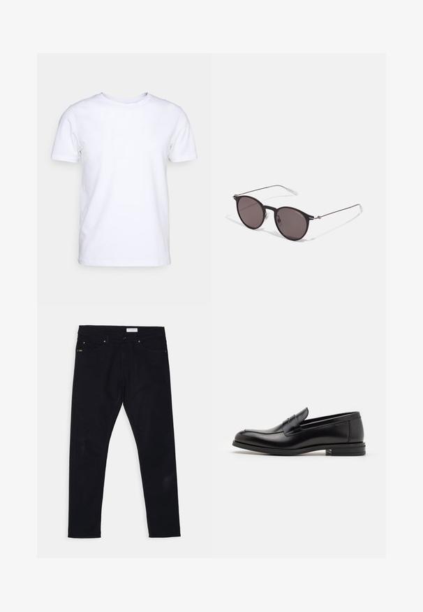 Camiseta branca de mangas curtas em tecido de algodão com decote redondo. Design simples, sem padrões ou detalhes. Textura suave.; Jeans de ganga pretos com um corte slim, design de cinco bolsos e ferragens em metal. Inclui um rótulo de couro na parte de trás da cintura.; Mocassins de couro preto com uma textura suave, bico arredondado e uma faixa decorativa sobre o peito do pé. Salto baixo e empilhado, design minimalista.; Óculos de sol redondos pretos com lentes escuras e hastes metálicas finas. Inclui pontas de templo transparentes e detalhes em prata na dobradiça. Design minimalista.