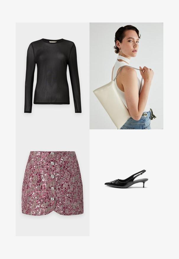 Fekete, hosszú ujjú felső, áttetsző, könnyű anyagból, kerek nyakkivágással és testhezálló szabással. Sima textúra minta vagy díszítés nélkül.; Rózsaszín flitteres szoknya texturált szövettel, testhez simuló fazonnal és öt ezüst gombbal az elején. Formált szegély és csillogó díszítések.; Fekete bőrből készült slingback magassarkú cipők hegyes orral, kis francia sarokkal és díszes csomóval az elején. Az egész felületen sima textúra.; Fehér, téglalap alakú, fényes anyagból készült clutch táska, ezüst láncos pánttal. A modell pózol, bemutatva a táskát egy egyszínű háttér előtt.