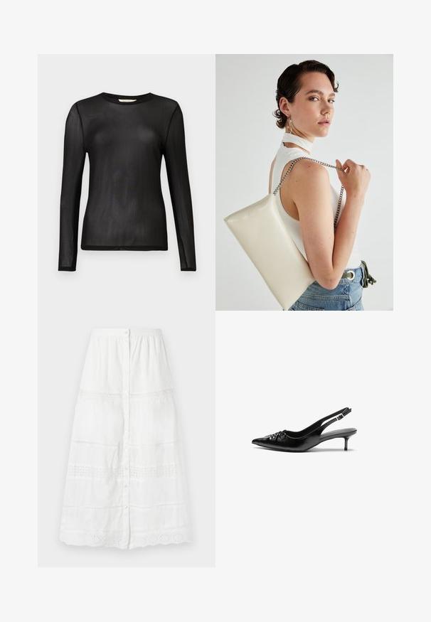 Czarny, długi rękaw top wykonany z przezroczystego, lekkiego materiału z okrągłym dekoltem i dopasowanym krojem. Gładka tekstura bez wzorów czy zdobień.; Biała spódnica na guziki wykonana z lekkiego materiału, z koronkowym wykończeniem i haftowanymi wzorami na dolnej krawędzi oraz w środkowej części.; Czarne skórzane szpilki na ramiączku z ostrym noskiem, małym słupkiem i ozdobnym węzłem z przodu. Gładka faktura na całej powierzchni.; Biała prostokątna kopertówka wykonana z błyszczącego materiału, z srebrnym łańcuszkiem. Modelka pozuje, prezentując torebkę na jednolitym tle.