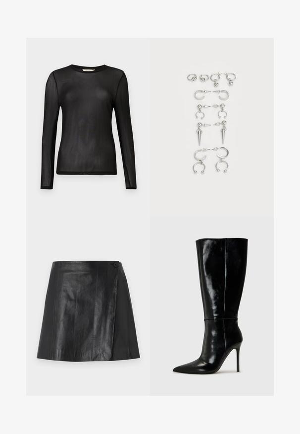 Mustapaita, jossa on pitkät hihat ja joka on valmistettu läpikuultavasta, kevyestä kankaasta. Pyöreä kaula-aukko ja tiivis malli. Silkkinen rakenne ilman kuvioita tai koristeita.; Musta tekonahasta valmistettu minihelma, jossa on kietoutuva etuosa, joka on kiinnitetty napilla oikealla puolella. Pintamateriaali on sileä ja siinä on kevyt kiilto.; Musta nahkainen polvitumppi saappaat, joissa on kärki ja korkea stiletto-korko. Tasaisen sileä pinta ja virtaviivainen muotoilu, jossa on minimaalinen yksityiskohtaisuus.; Sarja hopeisia korvakoruja, joissa on erilaisia muotoiluita: rengas-, nappi- ja roikkuvat tyylit, joissa on pallomaisia korostuksia ja teräviä elementtejä.