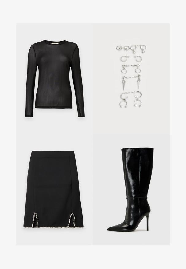 Schwarzes, langärmliges Oberteil aus durchscheinendem, leichtem Stoff mit rundem Ausschnitt und taillierter Passform. Glatte Textur ohne Muster oder Verzierungen.; Schwarzer Rock mit tailliertem Schnitt, silbernen Perlenakzenten am Saum und dekorativen Ausschnitten an den Seiten. Glatte Stoffstruktur.; Schwarze Leder-Knielange Stiefel mit spitzem Schuh und hohem Stiletto-Absatz. Glatte Textur und elegantes Design, das sich durch minimale Details auszeichnet.; Set von silbernen Ohrringen mit verschiedenen Designs: Creolen, Stecker und hängende Stile, mit Kugelakzenten und spitzen Elementen.