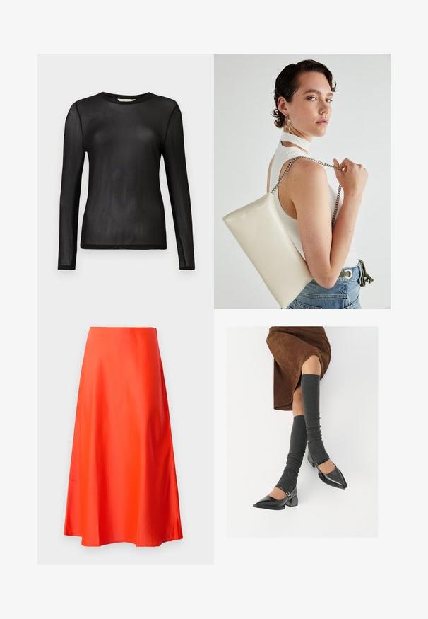Čierne, dlhoprsté tričko vyrobené z priesvitného, ľahkého materiálu s okrúhlym výstrihom a priliehavým strihom. Hladká textúra bez vzorov alebo ozdôb.; Červená saténová midi sukňa s hladkou textúrou, siluetou do A a jemným rozšírením na spodnom okraji. Žiadne viditeľné vzory ani ozdoby.; Čierne lakované kožené topánky s špicatou špičkou, blokovým podpätkom a členkovým remienkom, ktoré sú kombinované so šedými rebrovanými legínami a hnedou zamšovou sukňou.; Biely obdĺžnikový kabelka z lesklého materiálu s strieborným reťazovým popruhom. Model predvádza kabelku na jednotnom pozadí.