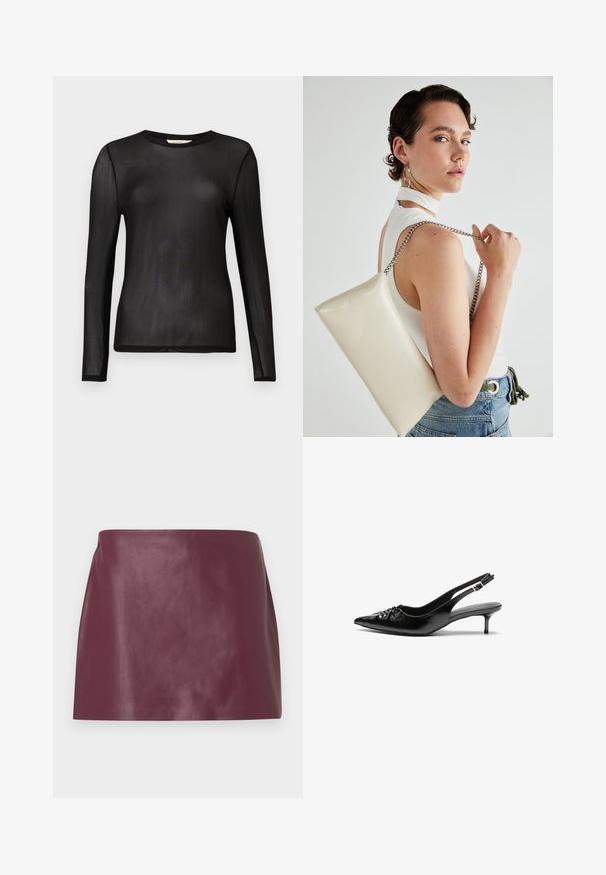 Black, long-sleeved top made of sheer, lightweight fabric with a round neckline and fitted design. Smooth texture without patterns or embellishments.; Mini skirt in smooth burgundy leather with a straight cut and no visible embellishments or fastenings.; Black leather slingback heels with a pointed toe, small kitten heel, and a decorative knot detail on the front. Smooth texture throughout.; White rectangular clutch bag made of glossy material, featuring a silver chain strap. Model poses, showcasing the bag against a plain background.