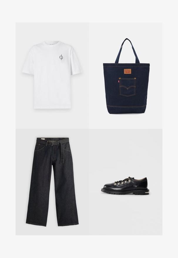 Camisa de algodão branca com um corte relaxado, apresentando um pequeno logótipo gráfico preto na área do peito esquerdo. Mangas curtas, estilo de gola redonda.; Calças largas de denim escuro com cintura cingida, apresentando bolsos frontais e costuras contrastantes. Textura suave com um design limpo.; Sapato baixo de couro preto com sola grossa, ilhós de metal, pingentes prateados decorativos nos atacadores e piso texturizado na sola.; Bolsa tote de denim em azul escuro com duas alças, costura visível e um bolso frontal com um patch de logótipo clássico.