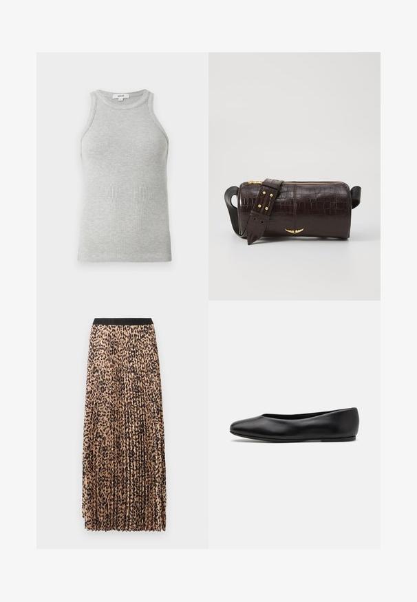 Canottiera grigia a coste con design aderente, ampie aperture per le braccia e scollatura arrotondata. Realizzata in morbido tessuto di cotone con una texture liscia.; Gonna maxi plissettata beige con motivo leopardato nero, dotata di una fascia elastica nera in vita e di un tessuto leggero e testurizzato.; Paul Smith TOPANGA - Ballerine - black; Borsa in pelle stampata a coccodrillo marrone con forma cilindrica, accessori in tonalità oro e una tracolla staccabile con borchie.