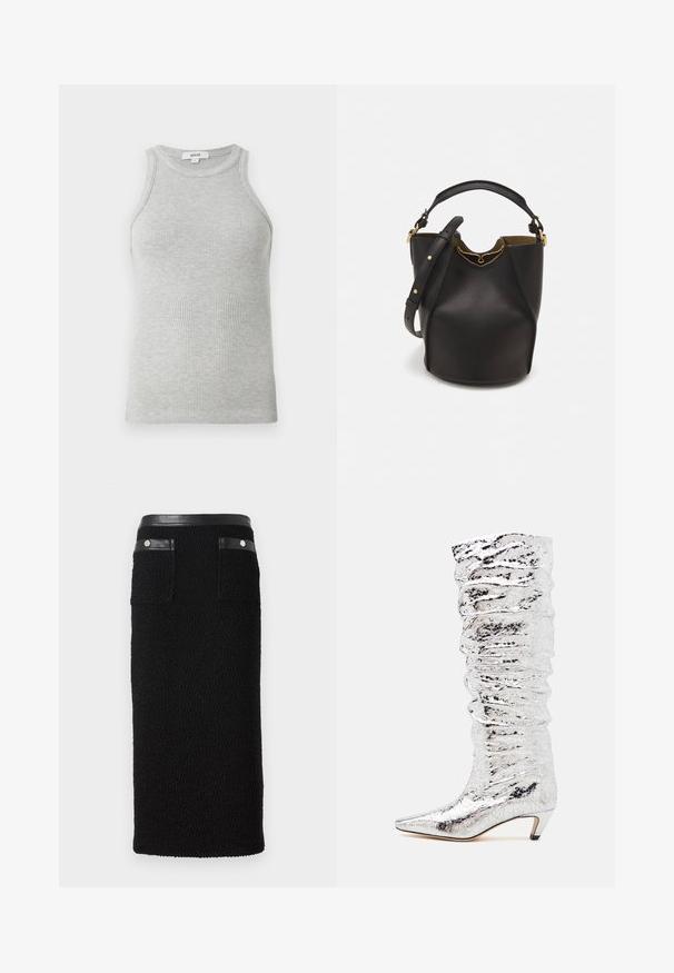 Šedý proužkovaný top bez rukávů s přiléhavým střihem, širokými průramky a zaobleným výstřihem. Vyrobeno z měkké bavlny s hladkou texturou.; Černá tužková sukně z texturovaného materiálu, s hladkým černým pasem, dvěma zadními kapsami se stříbrnými kovovými detaily.; Stříbrné kozačky až ke kolenům s zvrásněným povrchem, špičatou špičkou a nízkým podpatkem. Vyrobené z lesklého materiálu s reflexním povrchem.; Černá kožená kabelka ve tvaru vědra s texturovaným povrchem, zlatými kovovými akcenty a otevřeným vrchem. Obsahuje krátkou rukojeť a nastavitelný ramenní popruh.