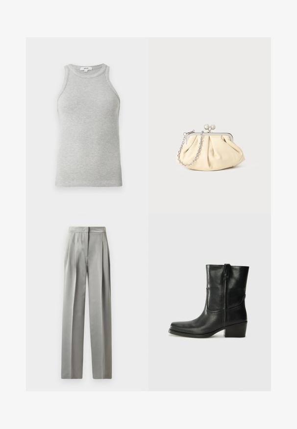 Szary prążkowany T-shirt na ramiączkach o dopasowanym kroju, z szerokimi wycięciami na ramionach i okrągłym dekoltem. Wykonany z miękkiej bawełnianej tkaniny o gładkiej fakturze.; Jasnoszare spodnie o dopasowanym kroju z gładką teksturą, z plisami z przodu, szerokimi nogawkami i dopasowanym pasem.; Czarne skórzane botki za kostkę z okrągłym noskiem, słupkowym obcasem, bocznym zamkiem i przeszyciami na cholewce. Gładka tekstura, klasyczny design.; Złożona beżowa skórzana kopertówka z srebrną metalową ramą, z dwoma okrągłymi dekoracyjnymi zapięciami i srebrnym łańcuszkiem.
